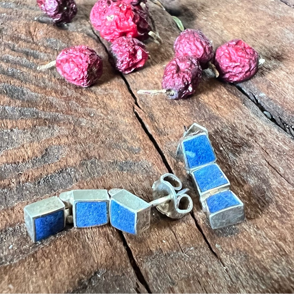 Bali Earrings Sodalite Dangle 3 Tier Bracket Sterling Silver Semiprecious Dainty